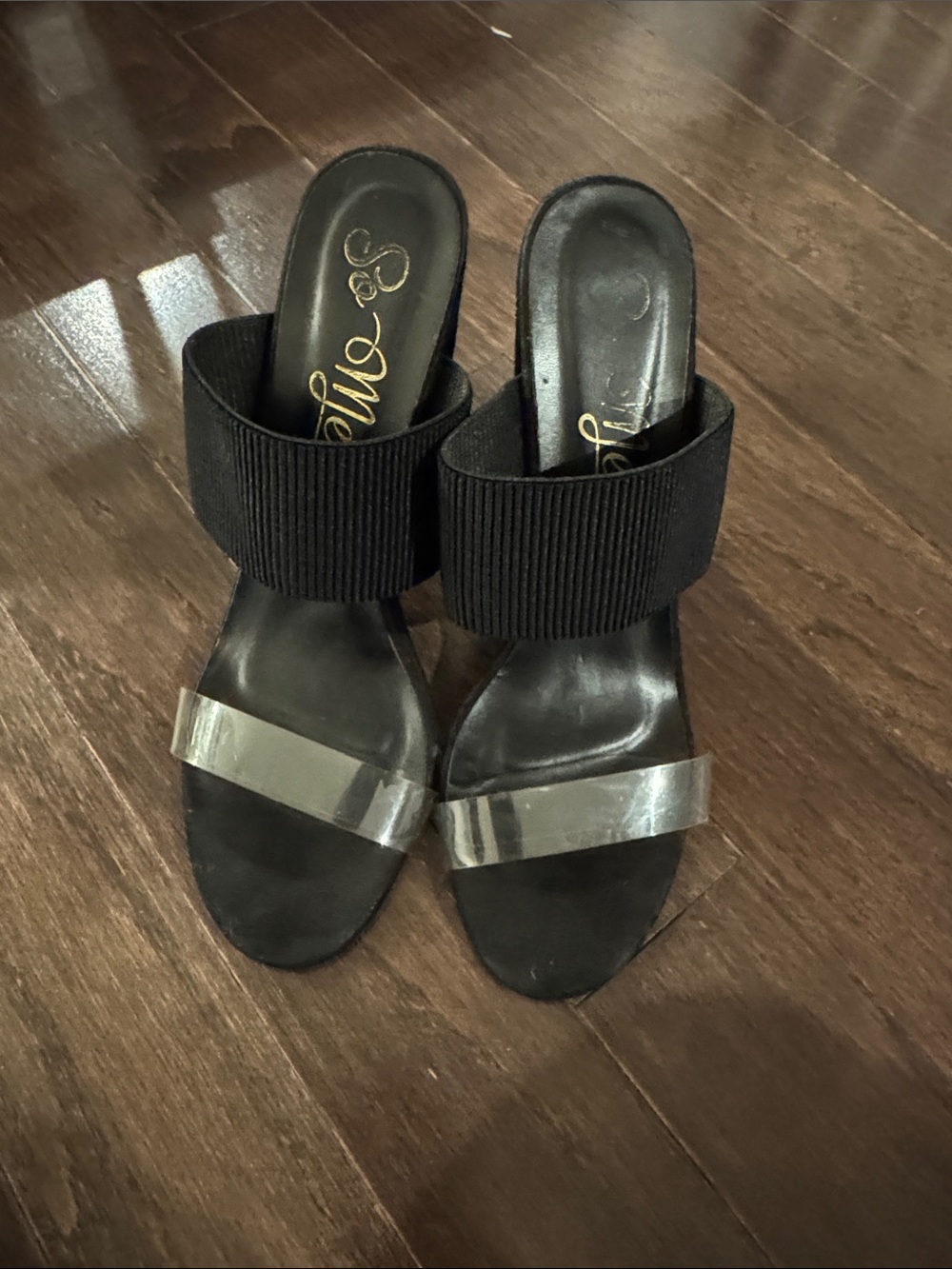Black Slip-On Sandals with Clear Strap